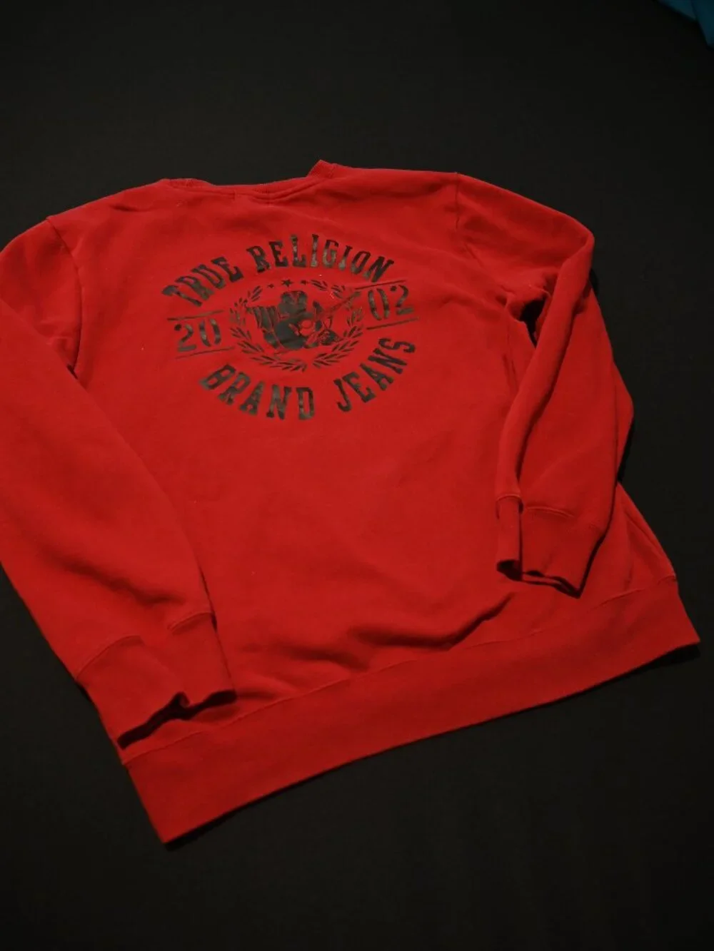 True Religion Brand Jeans Red Crewneck Sweatshirt Large Logo Graphic Size Large